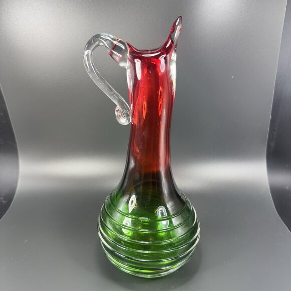Heavy Hand Blown Glass Pitcher Vase Carafe Multicolor Applied Swirl Glass Decor - Picture 12 of 16